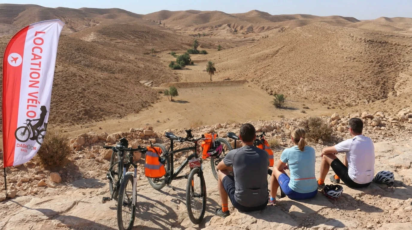 Cyclistes Nadhoor face au désert du Dahar, drapeau Location Vélo